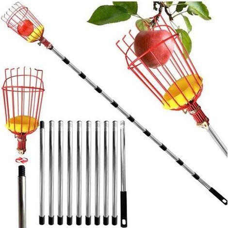 Perche Télescopique 4m pour Récolte des Fruits, Cueilleur de Cerises avec Panier en Acier Inoxydable et Tige Légère Ajustable (1/4)