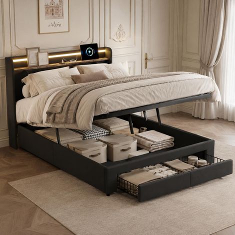 Lit coffre 160x200 cm, lit double avec LED et port USB, lit double avec rangement caché en tête et 2 tiroirs en pied, tissu en lin, gris foncé (1/5)