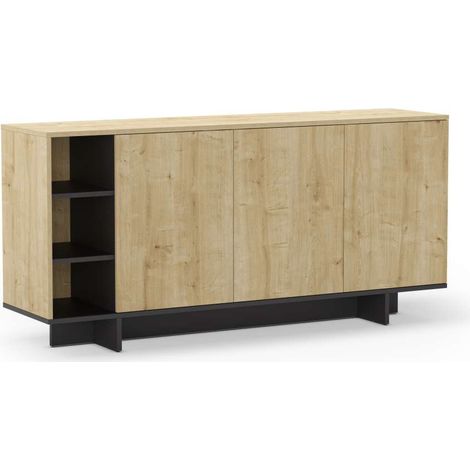 Aparador 3 puertas y 3 huecos Celia acabado roble/negro, 80cm(alto) 170cm(ancho) 40cm(largo) (1/4)