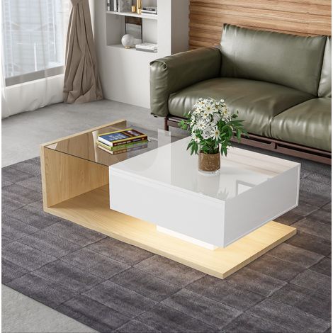 Couchtisch 105 x 55 x 32,5 cm, Glasplatte und LED-Beleuchtung, weiß und Holz HAVRYA (1/5)