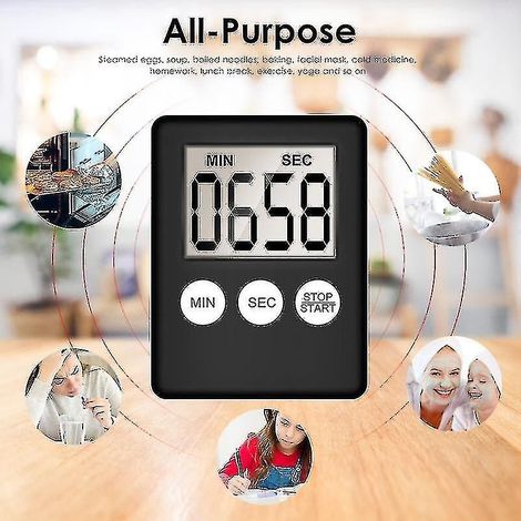 Minuteur de cuisine électronique avec écran LCD numérique, compte à rebours, réveil, chronomètre et fonction sommeil. (1/4)