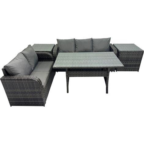 Fimous 5 Seat Outdoor Wicker PE Rattan Garden Furniture Set Dining Table Sofa Sets with 2 Side Tables Dark Grey Mixed (1/5)