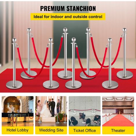 Barrière de contrôle de foule, lot de 8 stanchions, cordes velours rouge 1.5 m,Stanion argenté base béton métal robuste – montage rapide (1/5)
