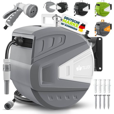 tillvex Avvolgitubo da Giardino 15+2m Nero  Avvolgitubo da Parete e tubo da giardino  Girevole di 180°  Scatola con avvolgitubo automatico  Riavvolgimento Automatico con Sistema di Blocco