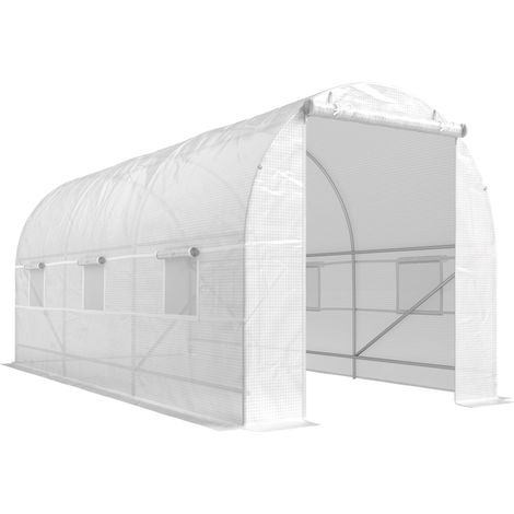 Serre tunnel de jardin 9m², abri de culture avec porte et 6 fenêtres, bâche en polyéthylène 140 g/m², dimensions 445 x 200 x 200 cm, blanc (1/5)