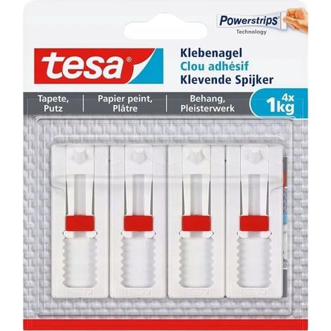 TESA Crochet de suspension auto-adhésif jusqu'à 1 kg pour papier peint, plâtre blanc, 4 pièces.