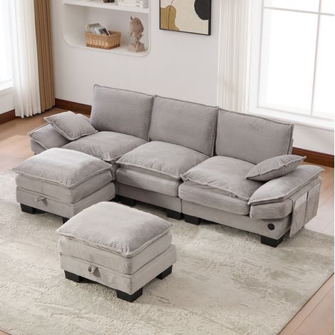 Sofá modular de 3 plazas en pana gris claro con 2 pufs, USB-C y almacenaje, 260x132x84 cm (1/5)