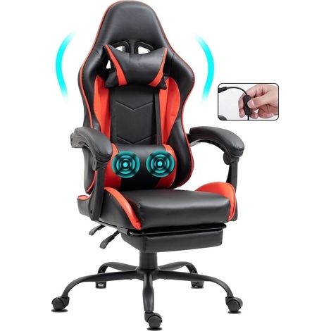 Chaise Gaming ergonomique avec repose-pieds et massage rouge (1/5)