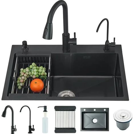 Évier de Cuisine Noir en Acier Inoxydable Évier Simple avec Robinet Extensible Grand Cuve 1 Bac Distributeur de Savon Panier égoutteur (55 45CM)Evier de Cuisine Kit