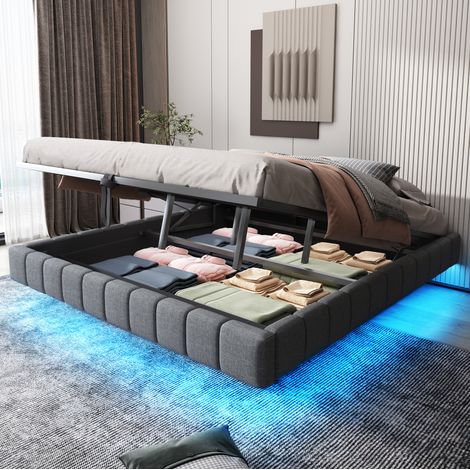 Bett Mit Bettkasten 180x200 cm Mit Metallgestell, Grauer Leinenstoff (1/5)
