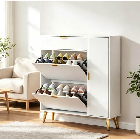 Meuble à chaussures blanc en MDF et panneaux particules, 12 paires, 4 compartiments, 2 casiers amovibles (1/5)