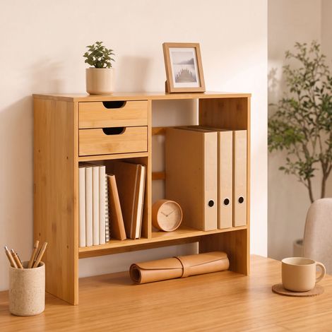 Organiseur de bureau en bambou avec 2 tiroirs, porte-documents et articles de papeterie multifonctionnel avec étagères, utilisation réversible (1/5)