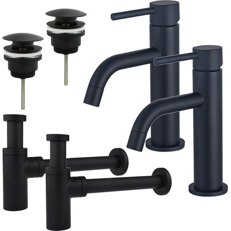 FugaFlow Eccelente Sobrado Slim Kit robinet lavabo - pour double vasque - robinet bas - bonde clic clac - siphon design - Noir mat (1/4)
