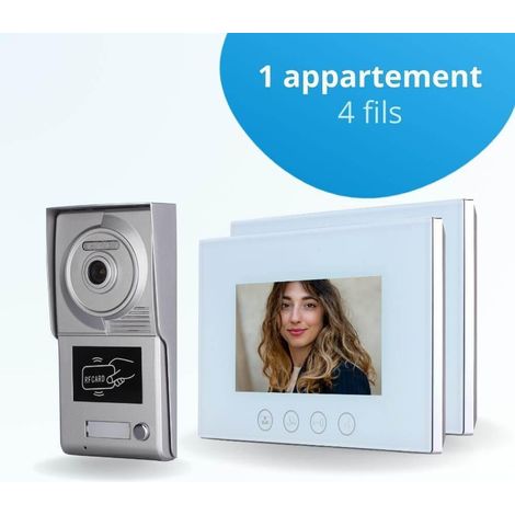 Portier interphone vidéo CLASSIC 4 Fils - 1 appartement - 2 écrans blancs 7" - avec mémoire photos - avec lecteur de badge