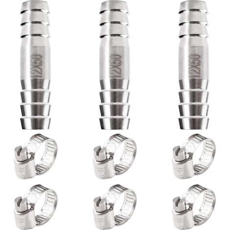 3 Pièces 12mm Coupleur Droit Adaptateur, Raccords de Tuyau Cannelés en Acier Inoxydable, Connecteur Carburant 2 Voies, avec 6 Colliers Serrage, pour Air, Gaz, Eau -