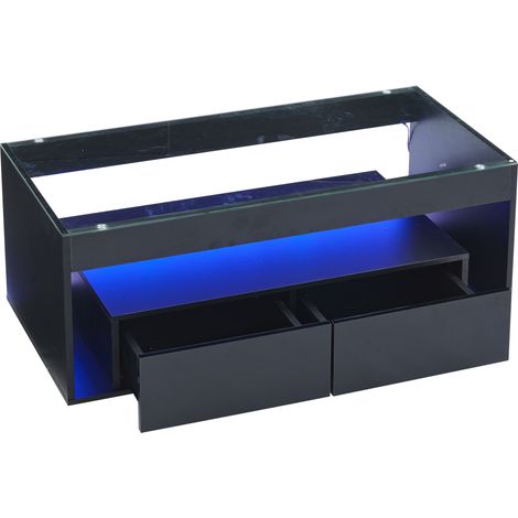 CAIziTable basse noire double niveau LED 16 couleurs verre brillant 2 tiroirs (1/5)