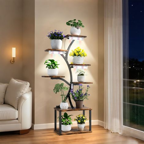 UNHO Étagère à Plante avec Lumière de Croissance - Support de Fleurs Forme d'arbre à 6 Niveaux - Porte Plante Multifonction pour Balcon Salon Bureau Intérieur - 80 x 26 x 150cm