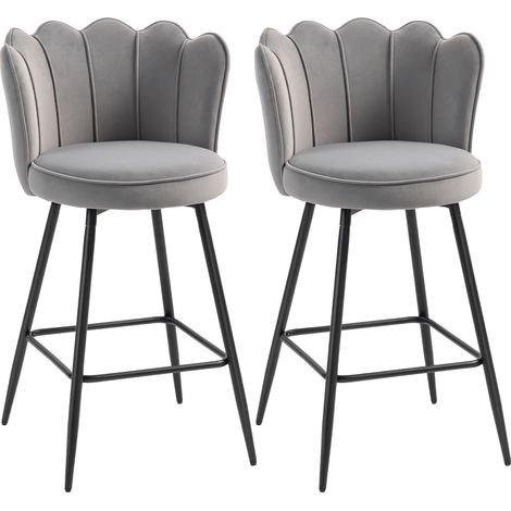 Set of Two Velvet-Feel Lotus Bar Stools - Grey (1/5)