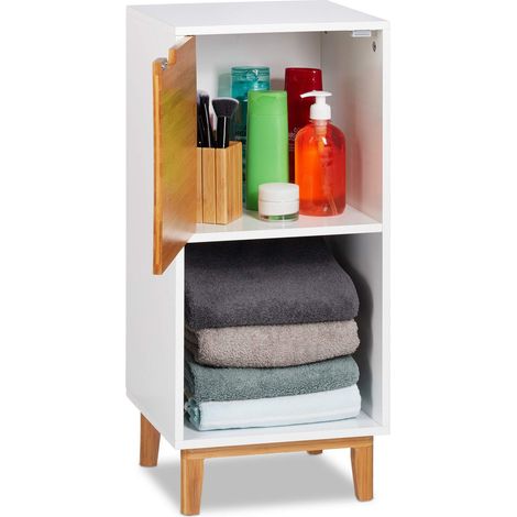 Pieds, Etagère de Salon avec Porte, Armoire d’appoint en MDF et Bambou, 71x32x30 cm, Blanc, 71 x 32 x 30 cm (1/5)
