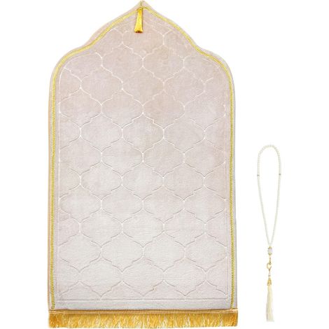 Tapis de prière en peluche douce, grand format et confortable, style tapis turc pour la prière islamique, cadeau idéal pour le Ramadan, couleur chameau. (1/5)