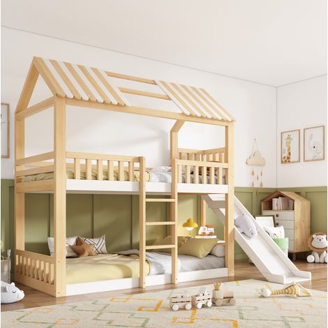 Lit superposé enfant 90 x 200 cm avec toit, toboggan 35 cm, étagère, blanc et naturel HAVRYA (1/5)