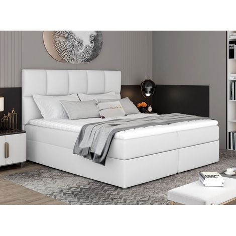 Lit boxspring simili cuir blanc avec matelas et surmatelas Lizen-160x200 (1/5)