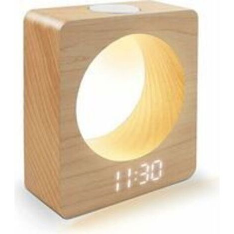 Réveil numérique à LED en bois massif (hêtre) avec veilleuse, 3 réglages d'alarme, détection de température (1/5)