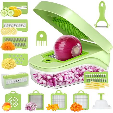 Romon Rabot à Légumes, Coupe-Légumes, 14 en 1 Coupe Legumes Multifonctions, Coupe-Légumes Manuel pour Cubes, Bâtonnets, Tranches, Lamelles & Quartiers (1/4)