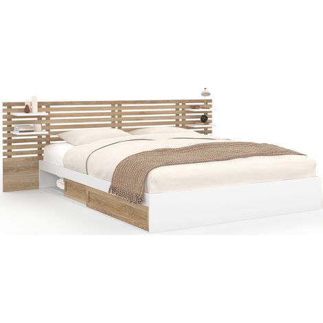 Lit double SAVANA avec tête de lit, chevets, rangements et sommier 180 x 200 cm façon hêtre et blanc (1/5)