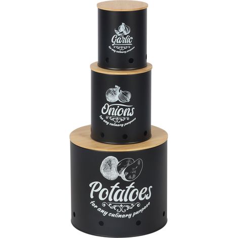 Relaxdays Aufbewahrungsbox 3er Set, Kartoffeln, Zwiebeln, Knoblauch, Gemüsebox Deckel, Vorratsdose Küche, Stahl, schwarz