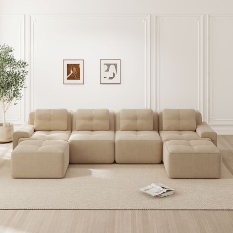 Canapé modulaire en U beige, 4 places confortable avec méridienne, assise profonde en velours côtelé nuage, design antidérapant, sans armature ni montage