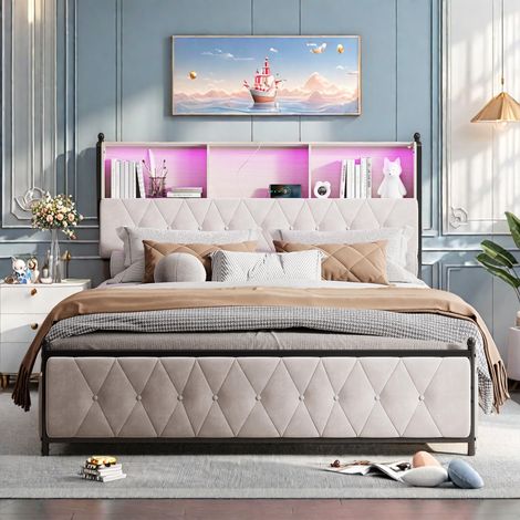 Lit Double Capitonné 160x200cm,Velours lit avec 2 USB Intégrées,Lit LED avec 4 Tiroirs de Rangement,Table de Chevet avec Bande Lumineuse RGB,Facile à Assembler,sans Matelas, Beige (1/5)