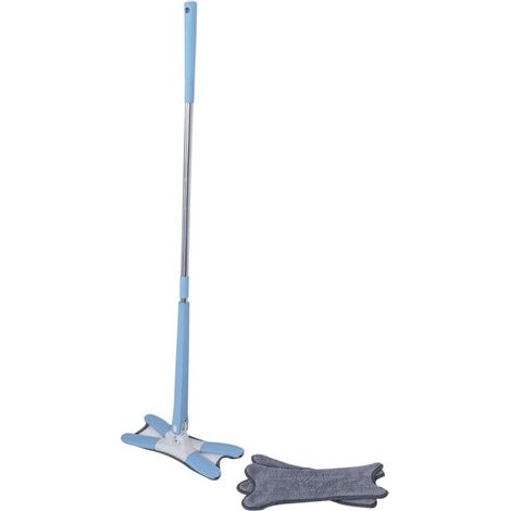 WMC TOOLS Mop auto-strizzante con 3 panni in microfibra, tipo X, girevole a 360°, manico da 116 cm, ideale per la pulizia a secco e a umido, blu (1/4)