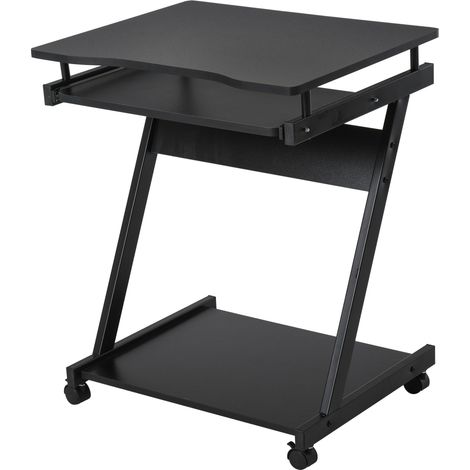 Bureau d'ordinateur à roulettes, 60x48 cm, avec plateau coulissant pour clavier et étagère inférieure, structure en métal noir. (1/5)