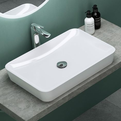 Mai & Mai Lavabo da Appoggio 60x40x9cm, Lavandino Bagno Colossum815 Lavabo da Marmo Fuso, Bianco Lucido (1/5)