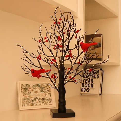 Arbre Lumineux LED - 54 cm - Branches Éclairées avec Oiseaux Rouges et Baies - Décoration Table pour Noël Halloween - Fonctionne sur Piles