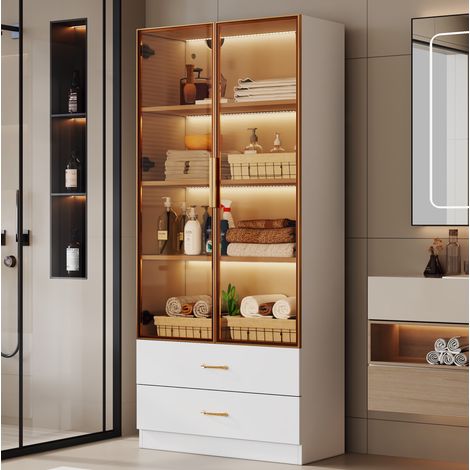 Badezimmerschrank 75x30x180 cm weiß MDF mit Lichtleiste, Glastür, 2 Schubladen und 2 Türen (1/5)