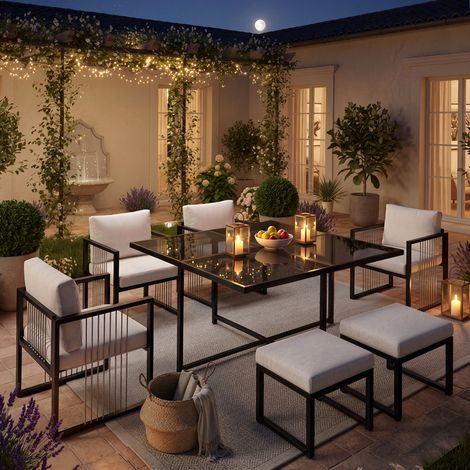 Ensemble de salle à manger d'extérieur 7 pièces (table et chaises) pour 6 personnes, table en verre trempé, idéal pour les repas dans le jardin ou sur la terrasse. (1/5)