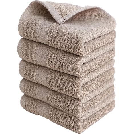 Lot de 5 serviettes de toilette douces et absorbantes en pur coton, couleur marron / 30 x 50 cm (1/3)