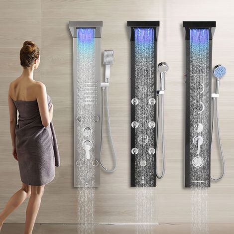 TolleTour Panel de ducha 6 en 1 acero inoxidable 304 114.5x50x20 cm negro, LED, pantalla LED, ducha de lluvia, cascada, masaje dorsal, conexión G1/2 (1/5)