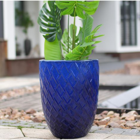 Maceta de cerámica, 42x54 cm, diseño de rombos, resistente a las heladas, para uso interior y exterior, azul marino. (1/5)