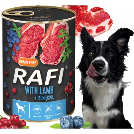 Alimento húmedo para perros RAFI con cordero, arándanos azules y arándanos rojos 400 g - 1 unidad.