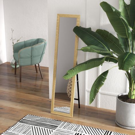 Miroir sur pied mural ou à poser rectangulaire avec cadre en bois pour salon chambre à coucher 37 x 155 cm marron clair