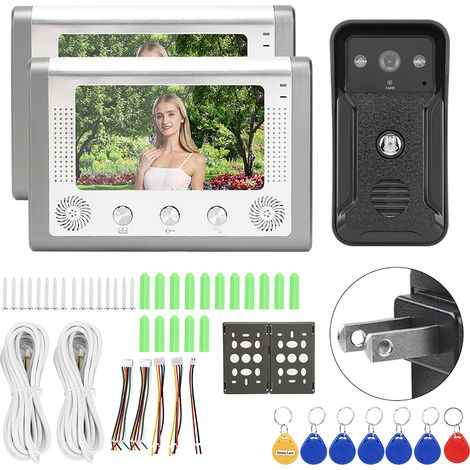 Sonnette vidéo 7 pouces 2 écrans TFT, vison nocturne, interphone avec caméra et lecteur de carte ID, 100-240V prise US. (1/5)