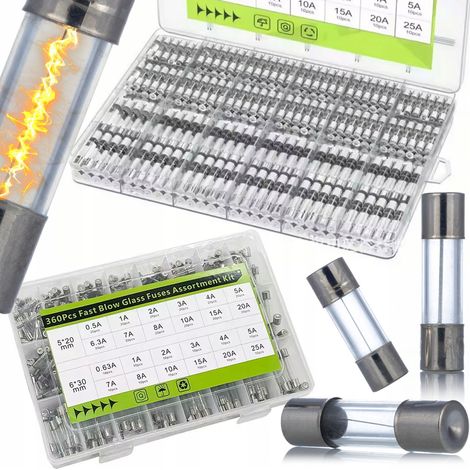 Juego de fusibles WTA FuseSet Max360 - Juego de fusibles de vidrio  360 unidades  5x20 mm + 6x30 mm  250 V  0,5 A-25 A  Tipo rápido  Organizador con compartimentos (1/5)