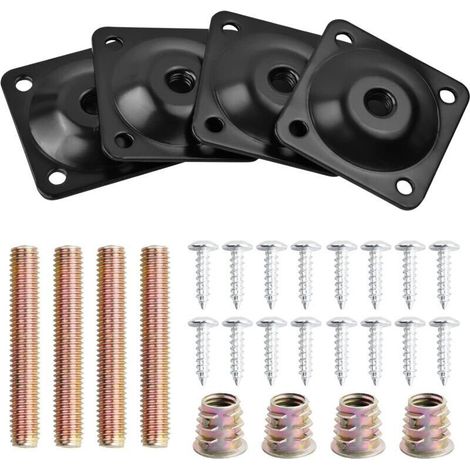 Lot de 4 Metal Plaques de Montage de Pied avec Boulons et Vis, M8 Plaques de Fixation pour Pieds de Meubles, Supports de Montage pour Jambes de Canapé Pieds de Table Fauteuil Chaise Meuble,(Noir)