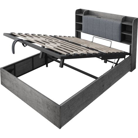 Cama canapé hidráulica 180 x 200 cm con cabecero de almacenaje, USB y USB-C, gris, HOMVRA (1/5)