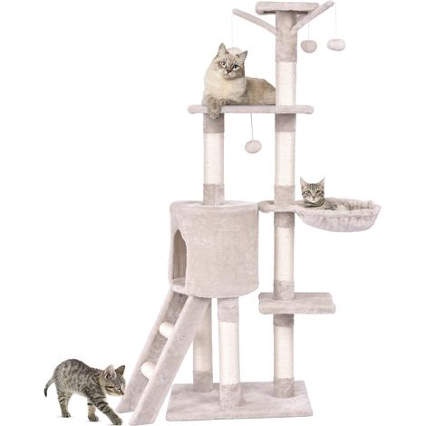 COSTWAY Tiragraffi per Gatti Alto 140 cm, Albero Tiragraffi Gatto con Tiragraffi in Sisal, Cesto, Piattaforma, Scala e Palline Pendenti, Torre Multi-Livello per Gatti da Interno (1/5)