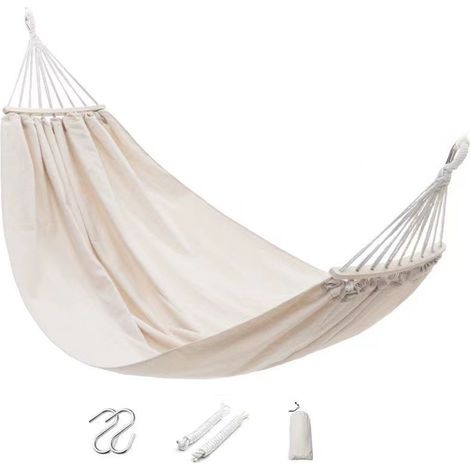 – Hamac 2 personnes 150 x 270 cm – Mélange coton et polyester 300 GSM – Charge maximale 200 kg – Installation avec cordes ou crochet (1/5)