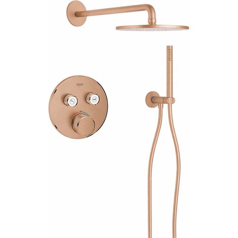 Grohe - Adema Rise Ensemble de douche pluie - rond - coude mural avec support de douchette - flexible de douche lisse - douchette à main barre - bras